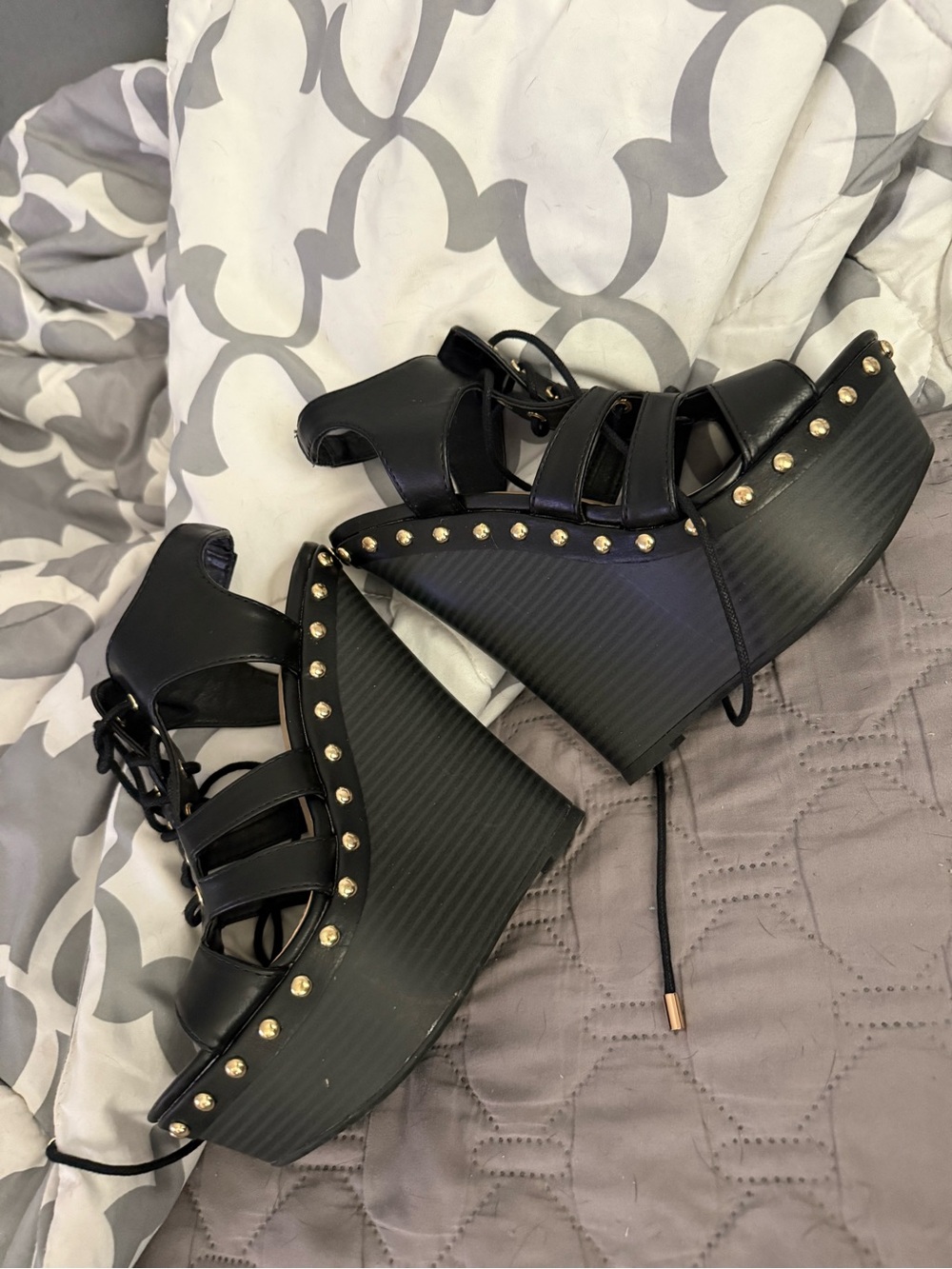 Black Studded Platform Wedge Sandals - Women